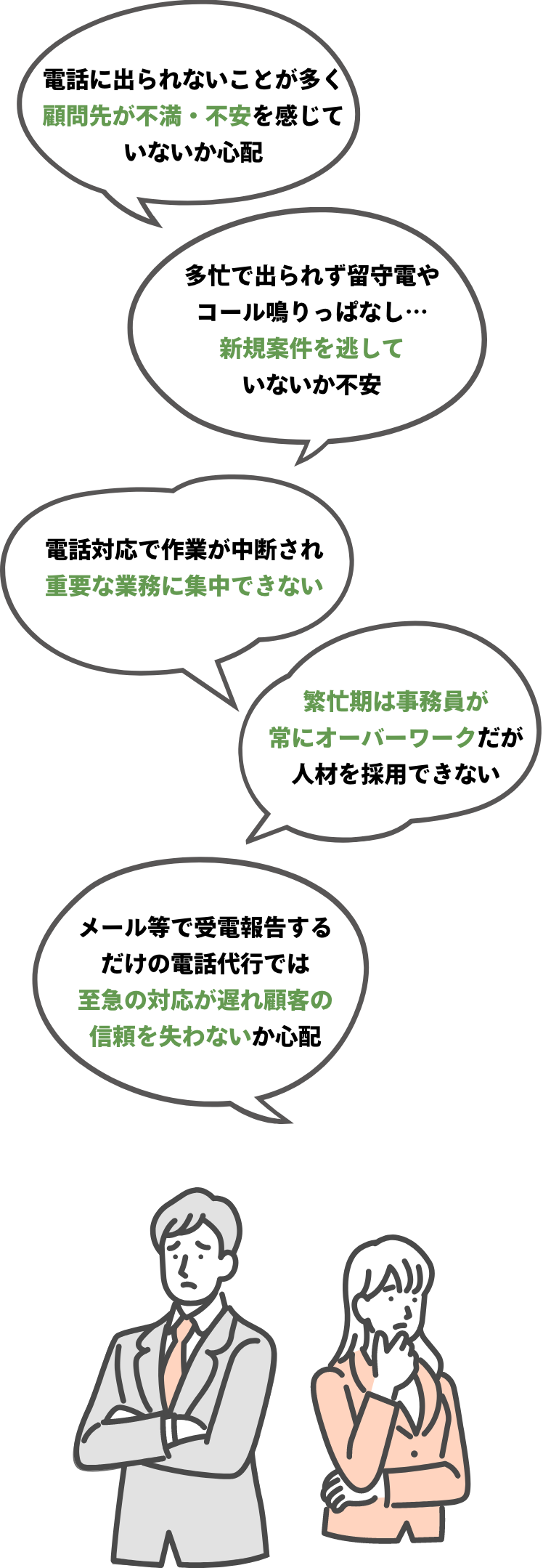 「電話に出られないことが多く顧問先が不満・不安を感じていないか心配」「多忙で出られず留守電やコール鳴りっぱなし…新規案件を逃していないか不安」「繁忙期は事務員が常にオーバーワークだが人材を採用できない」「電話対応で作業が中断され重要な業務に集中できない」「メール等で受電報告するだけの電話代行では至急の対応が遅れ顧客の信頼を失わないか心配」