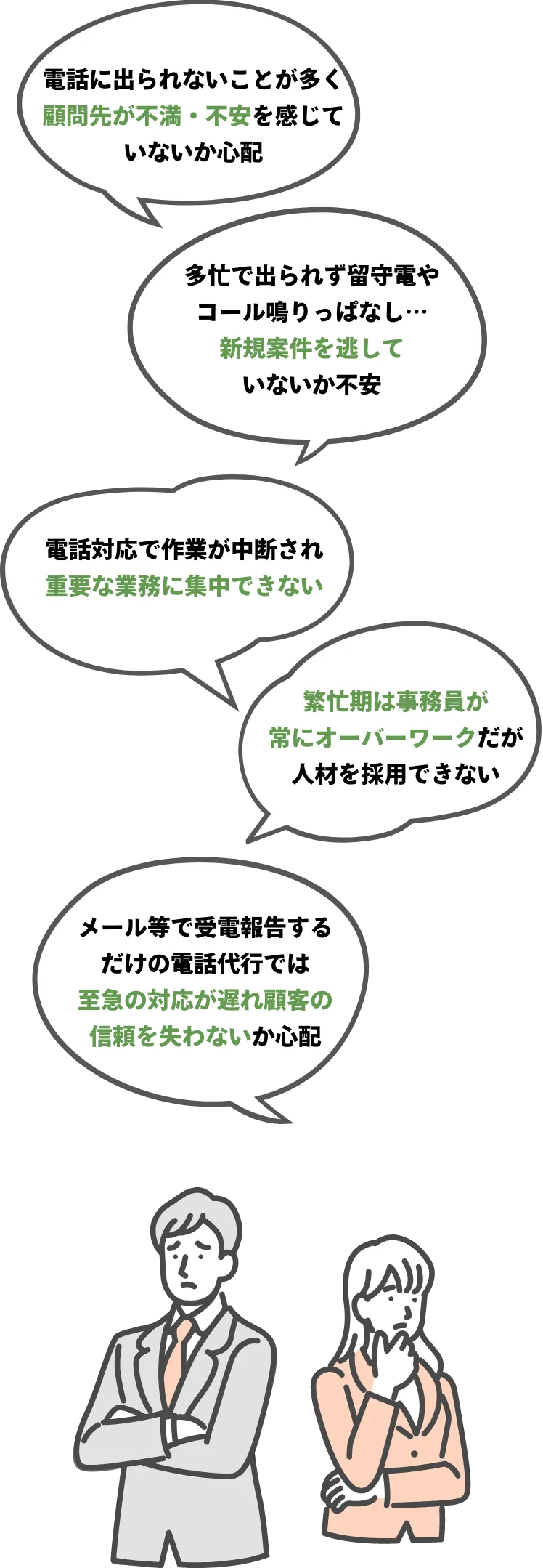 「電話に出られないことが多く顧問先が不満・不安を感じていないか心配」「多忙で出られず留守電やコール鳴りっぱなし…新規案件を逃していないか不安」「繁忙期は事務員が常にオーバーワークだが人材を採用できない」「電話対応で作業が中断され重要な業務に集中できない」「メール等で受電報告するだけの電話代行では至急の対応が遅れ顧客の信頼を失わないか心配」